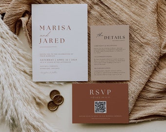 Boho Wedding Suite with Qr Code, Terracotta Wedding Invitation Set, Rust Invite Details BUNDLE Earthy RSVP Card Editable Canva Template AT03