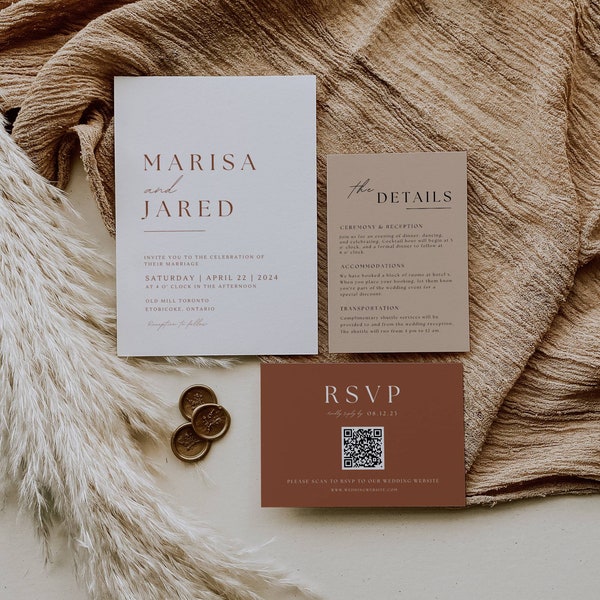 Boho Wedding Suite with Qr Code, Terracotta Wedding Invitation Set, Rust Invite Details BUNDLE Earthy RSVP Card Editable Canva Template AT03