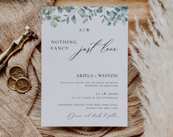 Eucalyptus Wedding Invite Template Monogram, Minimalist Greenery Intimate Invitation, Nothing Fancy Just Love Invite, Canva Download AT12