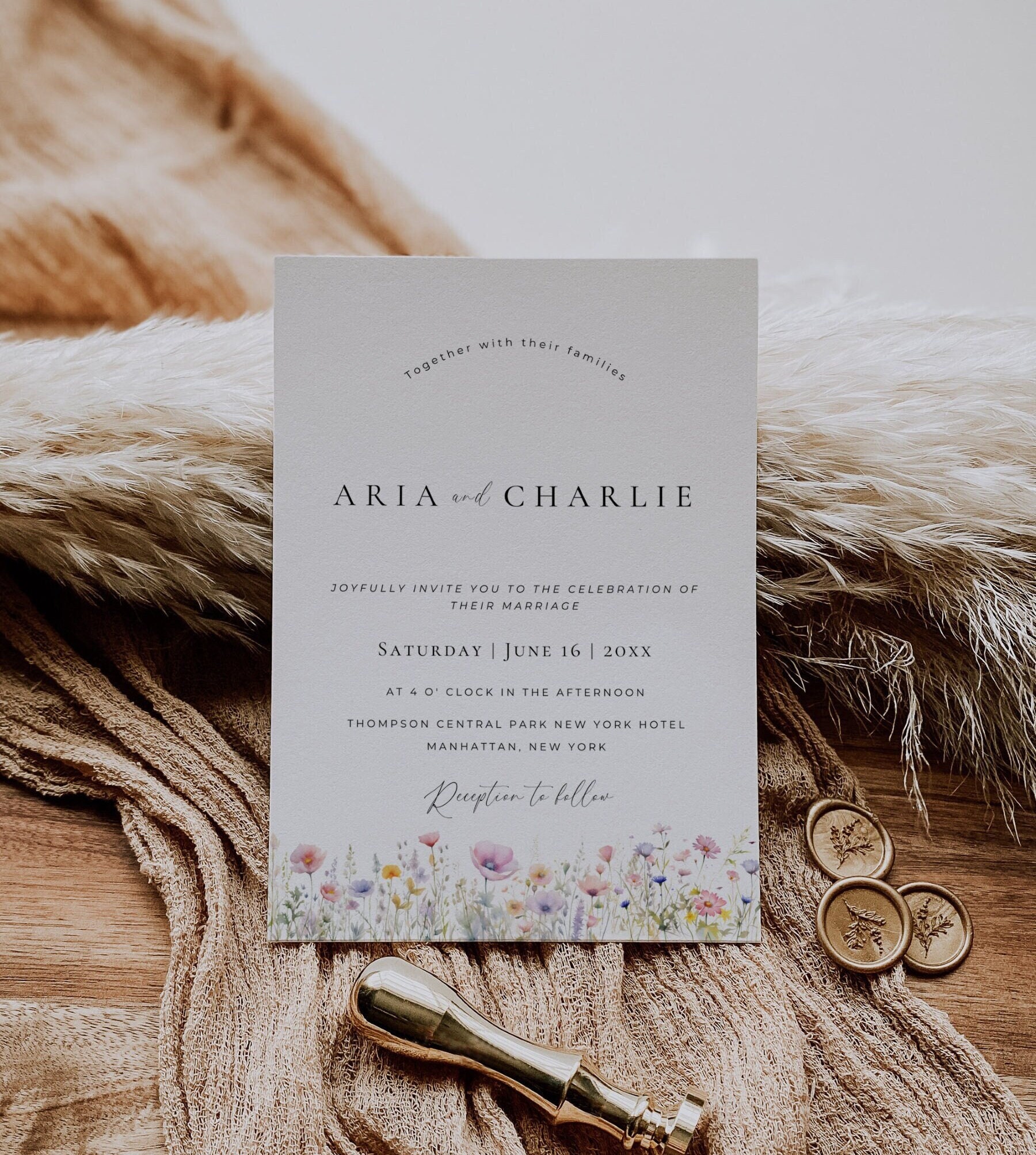 Wildflower Minimal Wedding Invite Canva, Watercolour Floral Invitation Template, Rustic Flowers Editable Card, Rustic Instant Download AT13