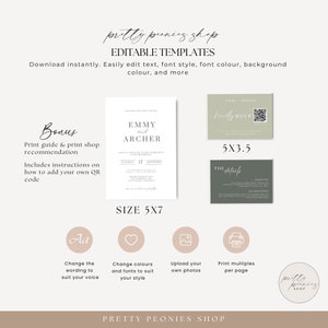 May include: An invitation suite with editable templates. The design includes a main invitation, RSVP card, and details card. The main invitation is 5x7 inches, and the RSVP card is 5x3.5 inches. The suite features the names "Emmy and Archer" and includes instructions for adding a QR code.