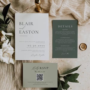 Sage Invitation Suite, Qr Code Wedding Invite Set, Sage Green Invitation Template Bundle, Minimalist Wedding Invitations Editable