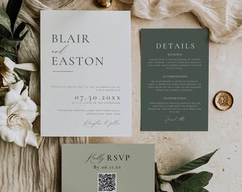 Sage Invitation Suite, Qr Code Wedding Invite Set, Sage Green Invitation Template Bundle, Minimalist Wedding Invitations Editable