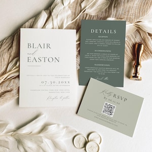 Canva Editable Sage Green Wedding Suite, Sage Wedding Invitations Template, Wedding Invite Set with Qr Code, Modern 3 Piece Invite Bundle