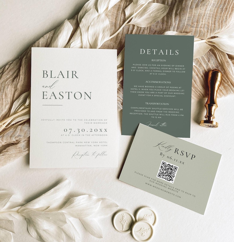 May include: Wedding invitation suite featuring a main invitation card with the names "Blair and Easton" and event details. Includes a details card and RSVP card with a QR code. The color scheme is white and muted green with gold accents.