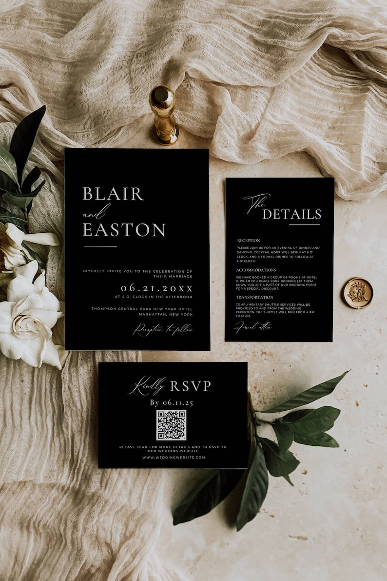 May include: Black and white wedding invitation suite with a modern design. The invitation features the names "Blair and Easton" and the date "06.21.20XX". The details card includes information about the reception, accommodations, and transportation. A separate RSVP card features a QR code and the text "Kindly RSVP by 06.11.25".