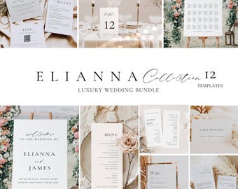 Elegant Wedding Signage Bundle Canva, Minimal Reception Template Bundle, Wedding Day Menus and Table Signs, Luxury Stationery Package -AT14