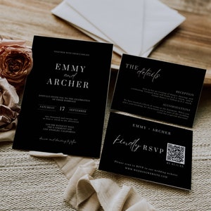 Modern Black Wedding Invitation Set, Black and White Invite Suite, Wedding Template Bundle Canva, Downloadable RSVP with Qr Code -AT04