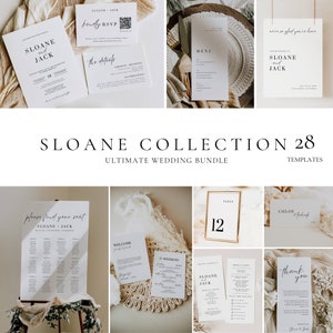 Paquete de recepción de boda, paquete de papelería y letreros clásicos, conjunto de invitación simple, menús elegantes, programa, plantillas de señalización de mesa AT05