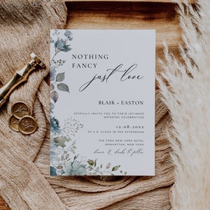 Winter Wedding Invite Downloadable, Dusty Blue Floral Nothing Fancy Just Love, Intimate Wedding Invitation Template, Holiday Wedding CANVA