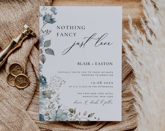 Winter Wedding Invite Downloadable, Dusty Blue Floral Nothing Fancy Just Love, Intimate Wedding Invitation Template, Holiday Wedding CANVA