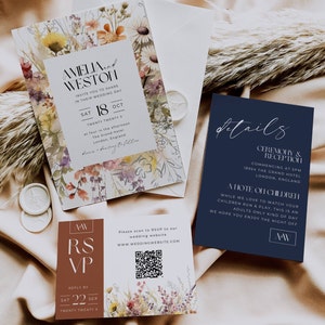 Carte d'invitation orange brûlé et bleu marine, ensemble d'invitation de mariage de fleurs sauvages, modèle de Suite de mariage automne, rouille Qr Code Rsvp numérique AT20