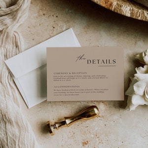 May include: A light brown card with the text "The Details" in black script font. The card provides information about a wedding ceremony and reception, including the time of the cocktail hour and dinner, as well as details about accommodations at a hotel.