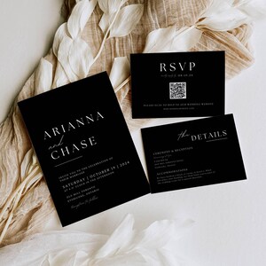 May include: Black and white wedding invitation suite with a minimalist design. The invitation features the names "ARIANNA and CHASE" in a modern font. The RSVP card includes a QR code and the text "RSVP 08.10.24". The details card includes the text "The DETAILS" and lists the ceremony and reception information.