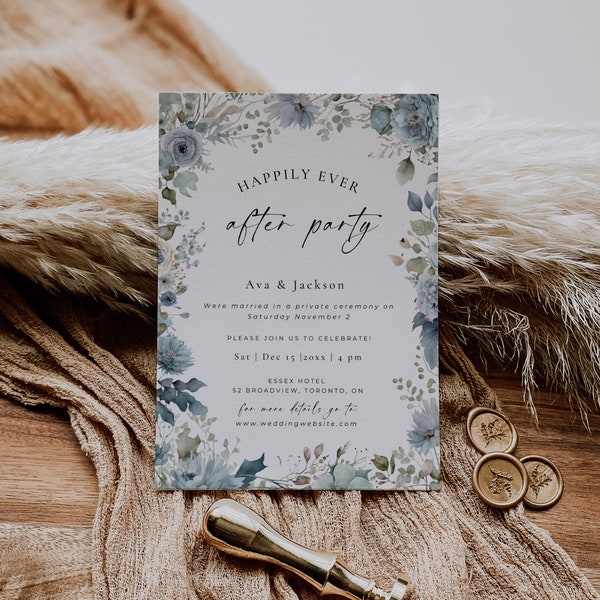 Winter Wedding Invite Downloadable, Floral Happily Ever After Party Invitation, Dusty Blue Reception Invite, Holiday Wedding CANVA Template