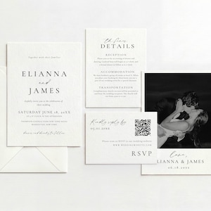 May include: Ivory wedding stationery set with invitation, RSVP, details, and a photo card. The invitation states "Elianna and James" and the wedding date. The set is simple and elegant.
