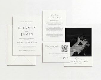 Modern Wedding Invitation Suite Photo, Printable Stationery Set Template, Digital QR Code Rsvp and Details Card AT14