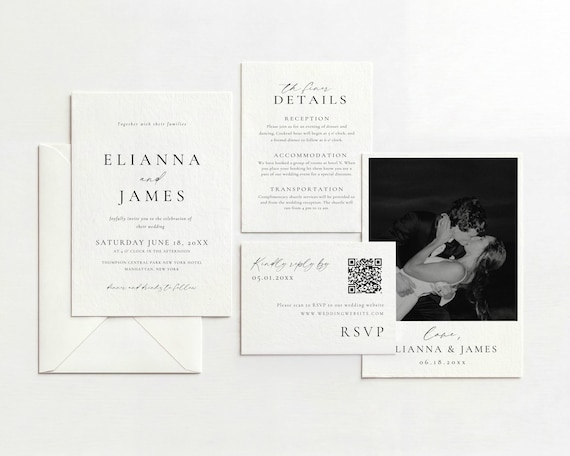 Modern Wedding Invitation Suite Photo, Printable Stationery Set Template, Digital QR Code Rsvp and Details Card AT14