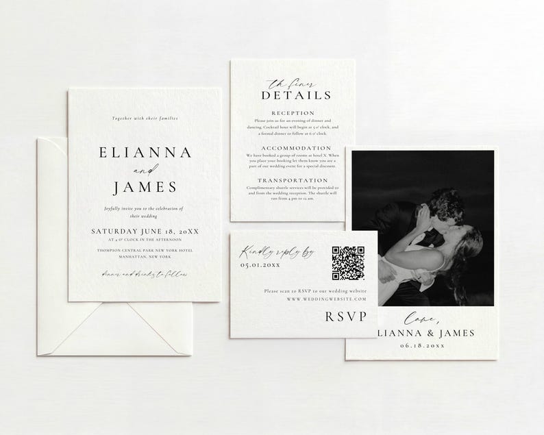 May include: A set of elegant wedding stationery in ivory. The invitation features the names "Elianna and James" and the wedding date. Includes RSVP, details, and a photo card of the couple.