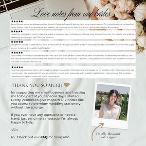 Peut inclure: Image num&eacute;rique pr&eacute;sentant des t&eacute;moignages de clients pour de la papeterie de mariage. Le texte comprend des phrases telles que "Love notes from our brides" et "Thank you so much." Une photo de la propri&eacute;taire et designer, Ally, est &eacute;galement incluse.