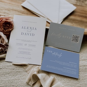 Dusty Blue Wedding Set with Qr Code, Light French Blue Invitation Suite, Minimal Invite Package Indigo, Details Card, Qr Rsvp CANVA Template