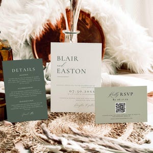 Sage Wedding Invitation Suite Boho, Sage Green Wedding Invite Set with Qr Code, 3 Piece Invitation Bundle, Editable Qr Rsvp Card Template