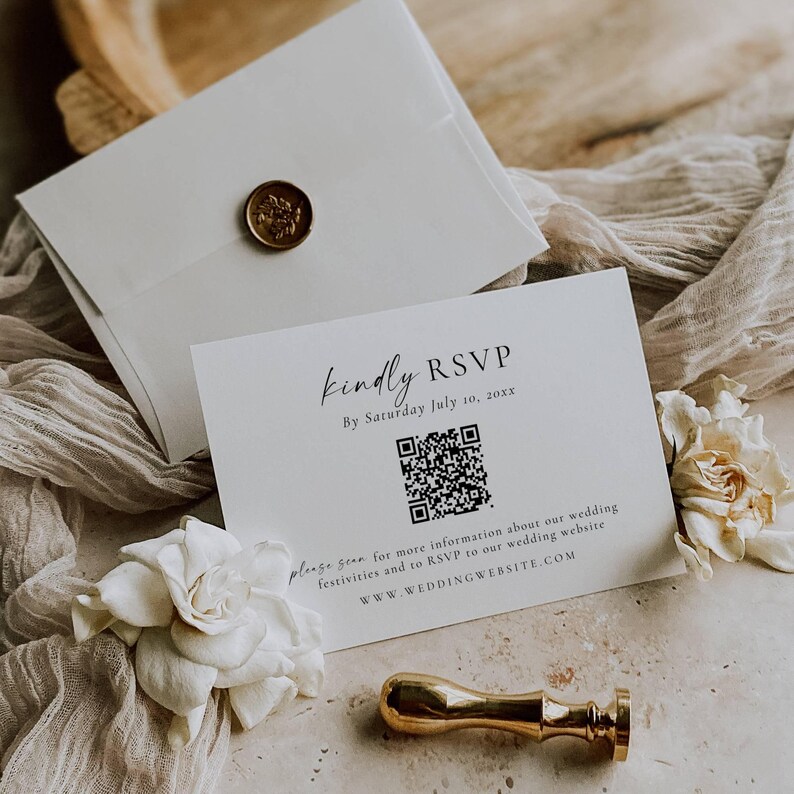 May include: A white RSVP card with the text "kindly RSVP" and a QR code, accompanied by a matching envelope sealed with a gold wax stamp. The card includes the date "Saturday July 10, 20xx" and website information.