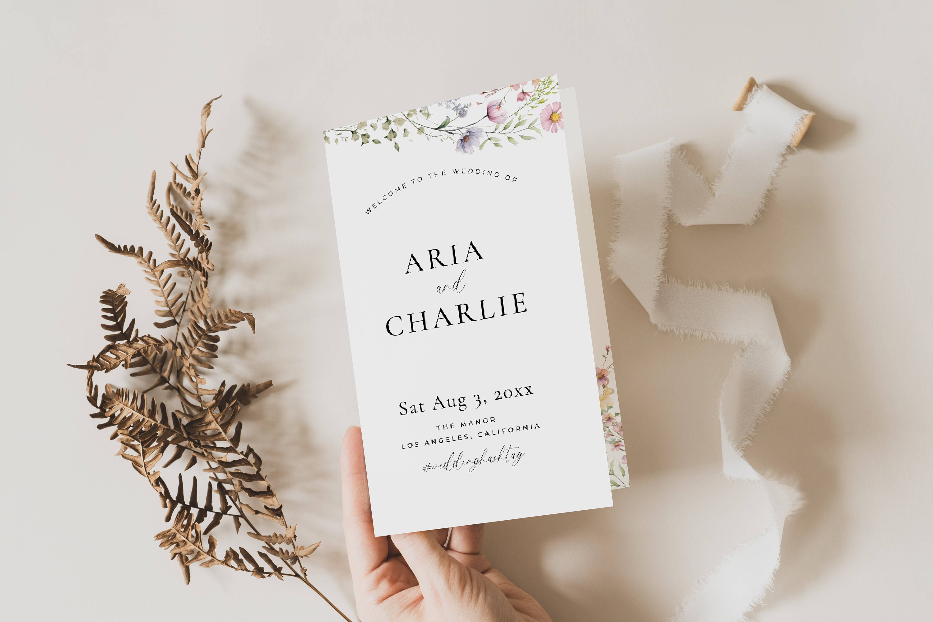 Wedding Ceremony Programs Wildflower, Elegant Bi Fold Program Booklet, Wedding Order of Service Foldable, Floral Program Template Canva AT13