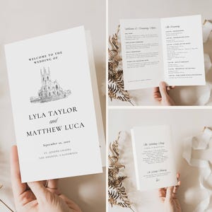 May include: A set of wedding programs with a classic design. The front displays "WELCOME TO THE WEDDING OF" and the names "LYLA TAYLOR and MATTHEW LUCA", along with the date and location. Other pages detail the ceremony.