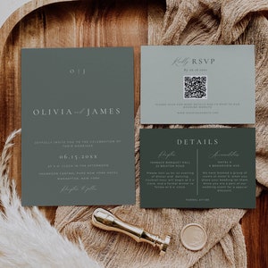 Suite de faire-part de mariage sauge, ensemble d'invitations monogramme vert sauge, lot de modèles minimalistes avec code QR, invitations simples modifiables sur Canva