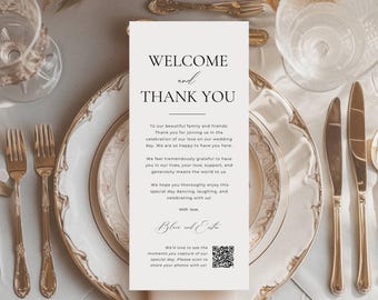 Wedding Thank You Card with Qr Code, Welcome and Thank You Table Cards, Printable Reception Welcome Note, Place Setting Thank You Menu AT10