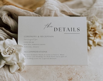 Plantilla de tarjeta de detalles de boda moderna / Tarjeta de invitación editable / Tarjeta de detalles imprimible / Tarjeta de cierre minimalista / Tarjeta de información / AT02