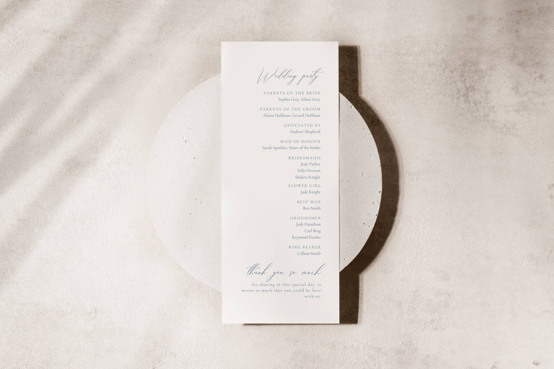 Dusty Blue Wedding Program, Light Blue Order of Service Template