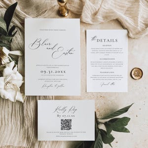 Minimal Script Wedding Suite Template, Wedding Invitation Bundle with Rsvp Qr Code, Modern Invite Set Digital Download  -AT10
