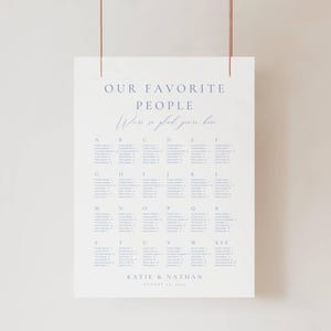 May include: A white wedding seating chart with the text "OUR FAVORITE PEOPLE" and "We're so glad you're here" in blue. The chart lists names alphabetically, with the names "Katie & Nathan" and the date "August 14, 2024" at the bottom.