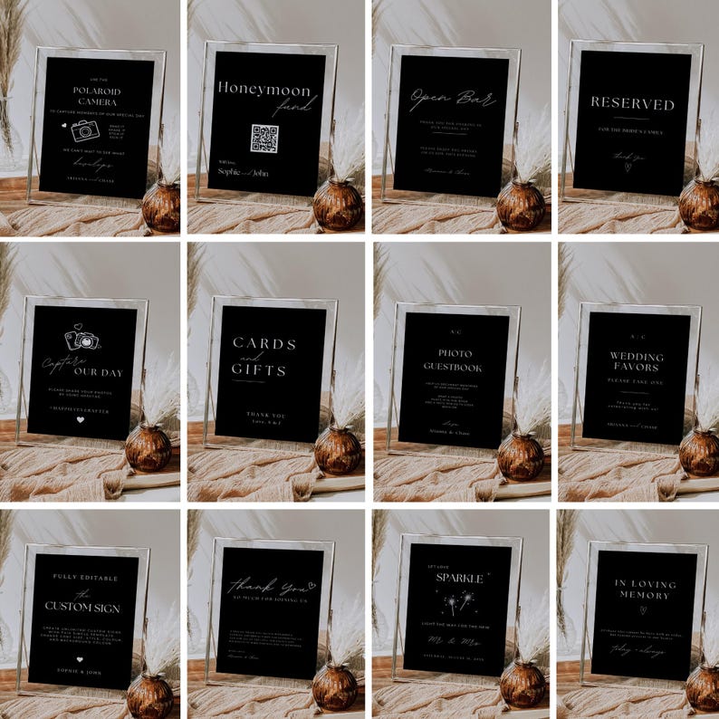 May include: Ten black and white printable wedding signs with a modern minimalist design. The signs include: Polaroid Camera, Honeymoon Fund, Open Bar, Reserved, Capture Our Day, Cards and Gifts, Photo Guestbook, Wedding Favors, Sparkle, and In Loving Memory.