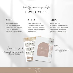 May include: A digital illustration of a Canva basics guide with a pink and white background. The guide includes information on how to use Canva, a graphic design platform. The text "Canva Basics" is written in a white circle with a pink outline. The text "Everything you need to know to get started with Canva" is written in white text below the circle. The text "How to Video" and "Best Way to Export" are written in white text on a pink background. The text "Pretty Peonies Shop" is written in white text on a pink background.