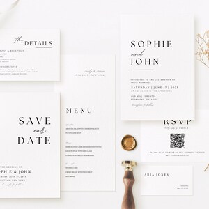 May include: A set of elegant wedding stationery in a minimalist style. The invitation cards display the names "Sophie and John" and the date "June 17, 2023". The design is simple, with black text on white cards, perfect for a modern wedding.