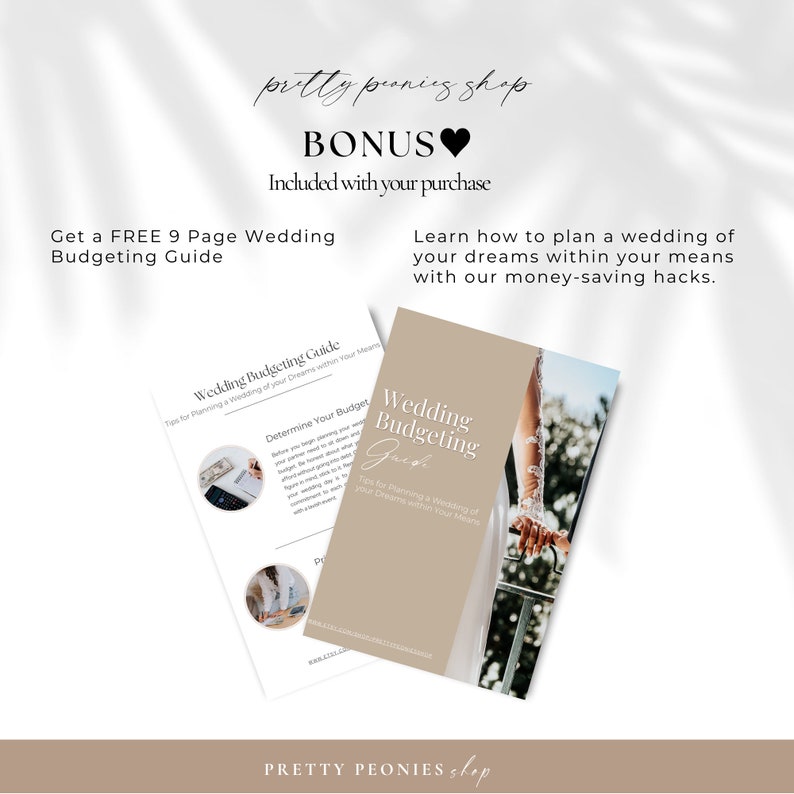 Op de afbeelding: Een beige en witte bruiloftbudgetgids met de tekst "Wedding Budgeting Guide" en "Tips for Planning a Wedding of Your Dreams within Your Means". De gids wordt getoond naast een foto van een bruid die een leuning vasthoudt.