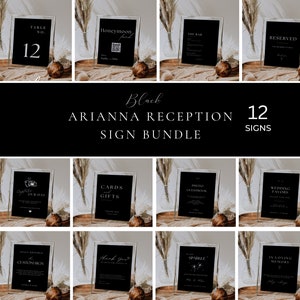 Black Wedding Sign Bundle, Modern Reception Sign Package, Black and White Signage, Printable Bar Menu, Table Sign Decor, Canva Template AT04