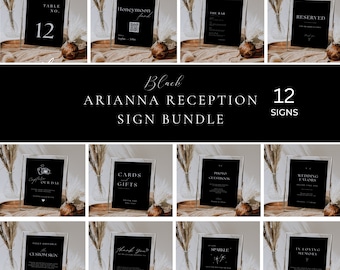 Black Wedding Sign Bundle, Modern Reception Sign Package, Black and White Signage, Printable Bar Menu, Table Sign Decor, Canva Template AT04