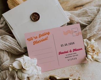 Wedding Postcard Save The Date, Retro  Wedding Announcement Invite, Pink and Orange Card Canva Template 7x5