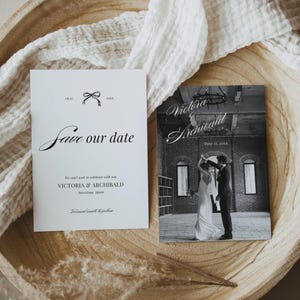 Vintage Style Save The Dates, Black Bow Save Our Date, Photo Wedding Invitation Template, Classic Old Money Card, Digital Download, 5x7 AT26