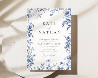 French Toile Wedding Invite, Dusty Blue Wedding Invitation Template, Chinoiserie Invitation Digital Download, Minimal Floral Invites AT09