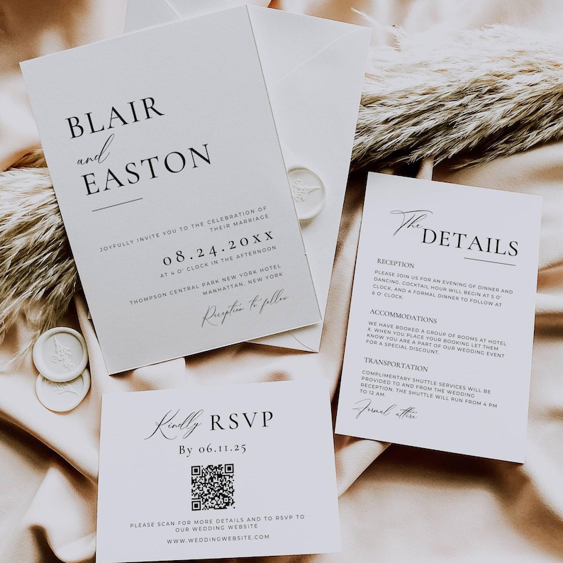 May include: Elegant wedding invitation suite featuring a main invitation, RSVP card, and details card. The invitations are white with black text, including the names "Blair and Easton" and wedding details. Includes a QR code for RSVP.