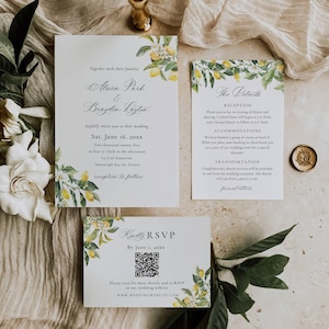 Faire-part de mariage à destination en Grèce, Santorin, ensemble d'invitations modifiable, modèle de suite d'invitations méditerranéennes, citrons QR Code Rsvp AT22