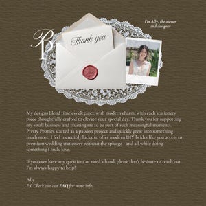 May include: An open white envelope with a red wax seal, a card that says "Thank you", and a photo of a woman. The envelope is on a white lace doily. The background is a dark brown color.