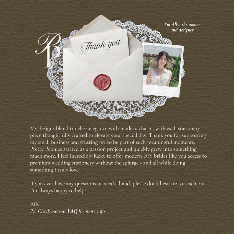 May include: An open white envelope with a red wax seal, a card that says "Thank you", and a photo of a woman. The envelope is on a white lace doily. The background is a dark brown color.