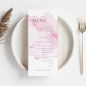 Blush Watercolor Wedding Menu Template, Light Pink Dinner Menu Card, Minimal Place Setting Guest Menu, Wedding Place Card Signage  -AT01