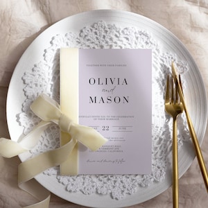 Modèle de faire-part de mariage lilas, toile d'invitation de mariage minimale lavande, faire-part de mariage printanier numérique, carte d'invitation violet clair AT07